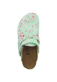 Floral-patterned clogs in mint green with dual adjustable straps, made from synthetic material, featuring a brown cushioned insole.