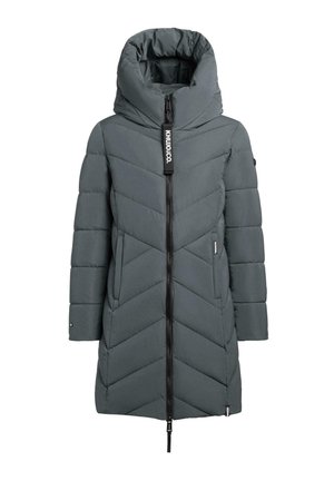 Szara kurtka puchowa z wysokim kołnierzem, z przeszyciami w kształcie zygzaka, centralnym zamkiem błyskawicznym oraz metką z logo "KHUJO & CO". Długie rękawy i kieszenie.