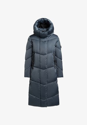 Toppatakki tummansinisenä, jossa korkea kaulus, vetoketjulliset sivutaskut ja tikattu kuvio. Sileä, kiiltävä pinta, polven mittainen malli.