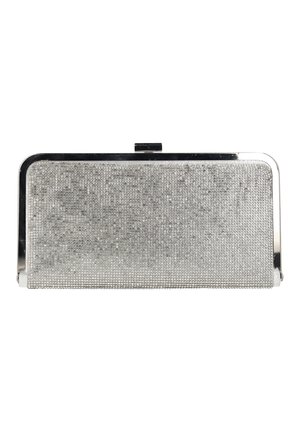 Rechthoekige zilveren clutchtas bedekt met kleine strassteentjes, voorzien van een glanzend metalen frame en een sluiting bovenaan.
