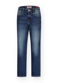 Jeans de mezclilla azul oscuro con diseño de pierna recta, costuras visibles, bolsillos delanteros y cierre de botón en la cintura.