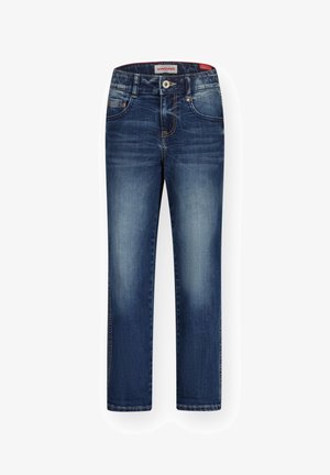 Jeans in denim blu scuro con un design a gamba dritta, cuciture visibili, tasche anteriori e chiusura con bottone in vita.