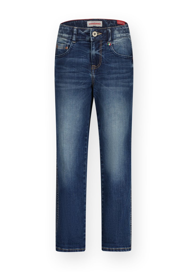 Jeans de mezclilla azul oscuro con diseño de pierna recta, costuras visibles, bolsillos delanteros y cierre de botón en la cintura.