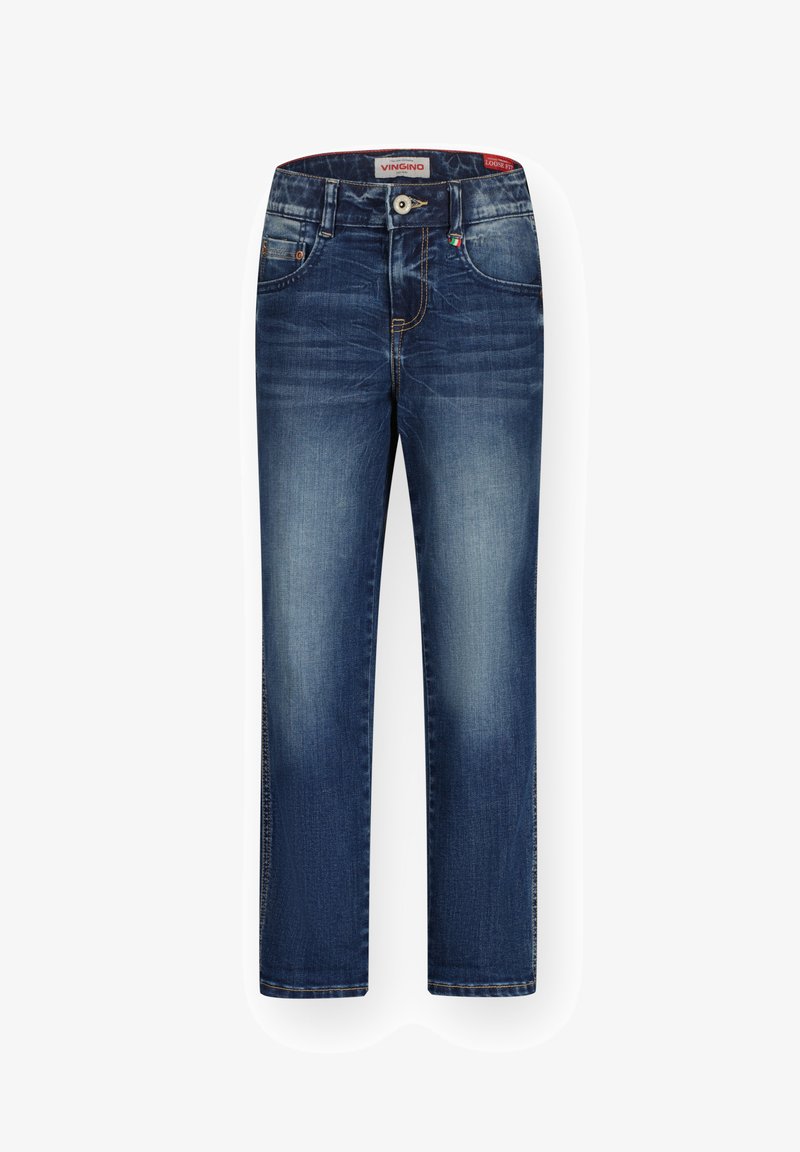 Jeans de mezclilla azul oscuro con diseño de pierna recta, costuras visibles, bolsillos delanteros y cierre de botón en la cintura.