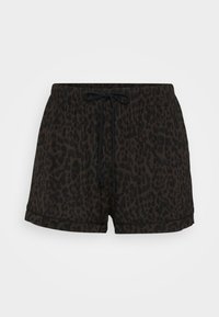 Mörkbruna och svarta leopardmönstrade shorts med elastisk midja och svart dragsko.