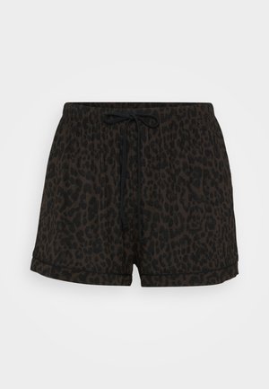Dark brown and black leopard print shorts with an elastic waistband and black drawstring.