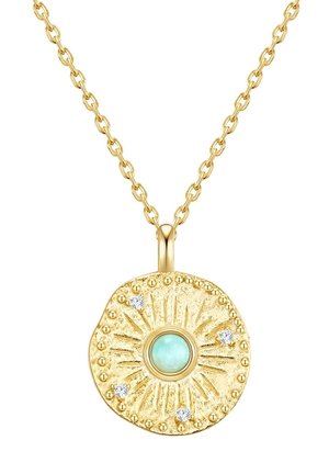 Collana con pendente d'oro dal design circolare e texturizzato, con una pietra centrale di turchese e piccoli accenti trasparenti, appesa a una catena.