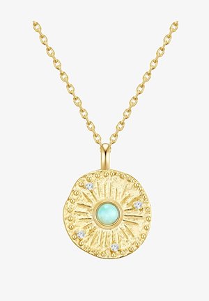 Gouden hangerketting met een gestructureerd, rond ontwerp met een turquoise middelste steen en kleine heldere accenten, hangend aan een ketting.