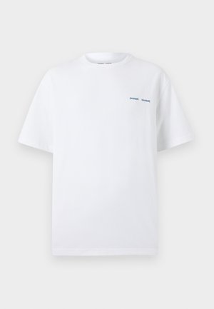 White cotton t-shirt with short sleeves, round neckline, and blue "Samsøe Samsøe" text on the left chest. Smooth texture, relaxed fit.