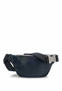 Marsupio blu navy realizzato in pelle liscia, con chiusura a zip argentata e tracolla in nylon regolabile con fibbia metallica.
