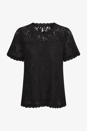 Čierny čipkový top so kvetinovým vzorom, krátkymi rukávmi, zvlněným výstrihom a rovnom lemovaním. Vyrobený z ľahkého materiálu.