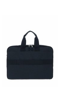 Sacoche pour ordinateur portable en tissu noir avec deux poignées courtes, une fermeture éclair, une surface texturée et une bande horizontale au centre.