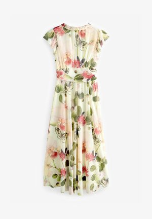 Vestido floral de tejido pastel claro, con estampados de mariposas y flores. Diseñado con mangas cortas y una cintura ajustada, llega hasta el suelo.