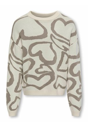 Creme trui met een losse pasvorm, voorzien van abstracte bruine hartpatronen en een ronde halslijn. De mouwen en de onderkant zijn ribbelig.
