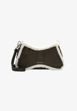 Dark green suede crossbody bag with white fluffy trim, curved shape, adjustable strap, and gold logo accent.