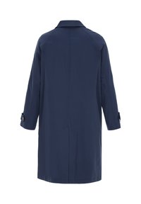 Marineblauer Mantel mit klassischem Kragen, langen Raglanärmeln, knöpfbaren Manschetten und geradem Schnitt. Glatte Textur und minimalistisches Design.