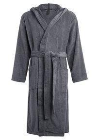 Szary, kaptur od kąpielówki wykonany z miękkiego, teksturowanego materiału. Posiada pasek, dwie przednie kieszenie oraz długie rękawy. Prosty design z minimalnymi akcentami.