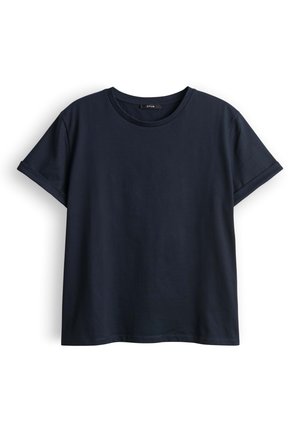 Navy blue short-sleeve cotton T-shirt with crew neck and rolled cuffs, displayed flat on a white background.