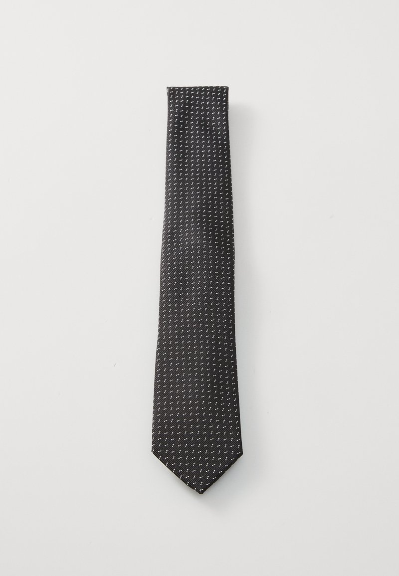 Noeud papillon noir avec un subtil motif géométrique répétitif en blanc. Fabriqué en tissu lisse, il présente une forme étroite et une extrémité pointue.