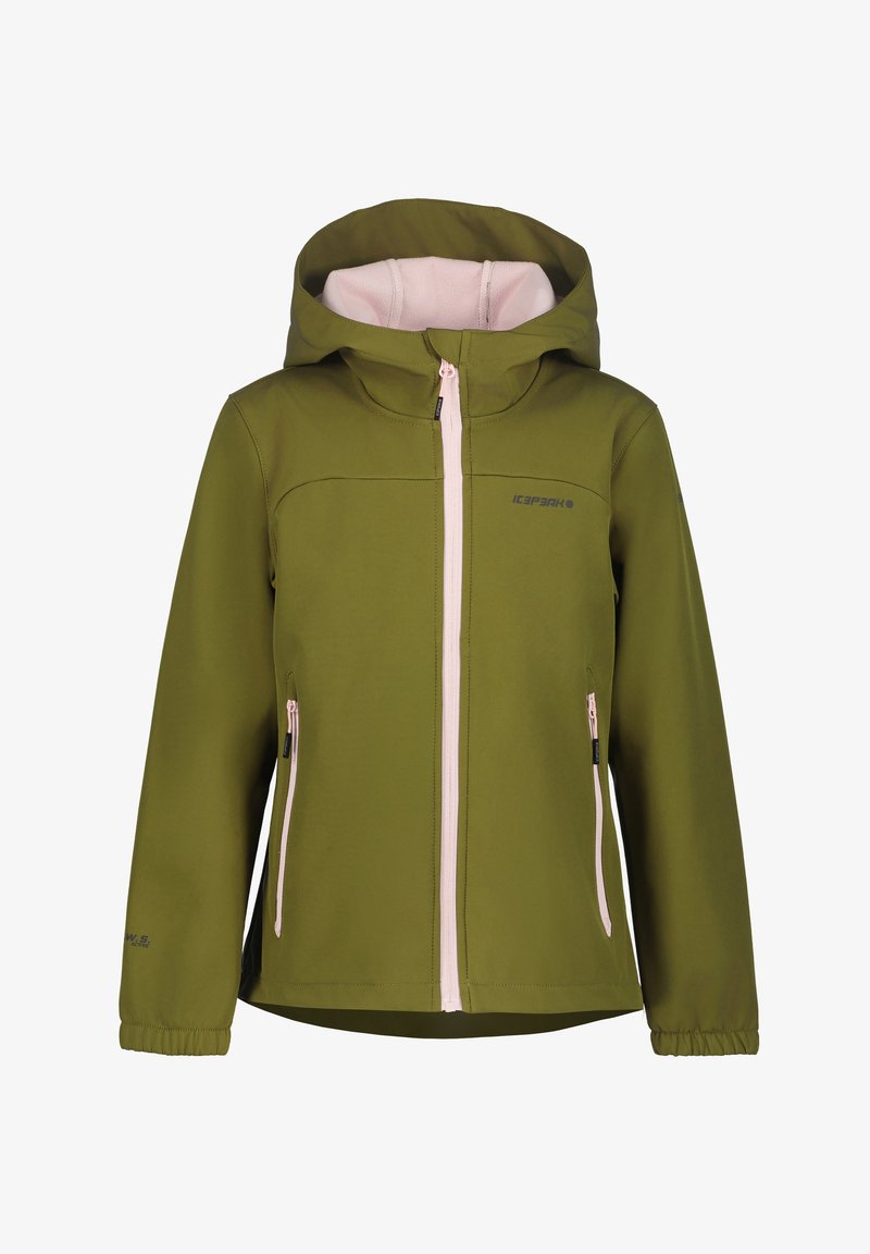 Green hooded softshell jacket with light pink zipper and pocket accents, elastic cuffs, and brand logos on chest and sleeve.