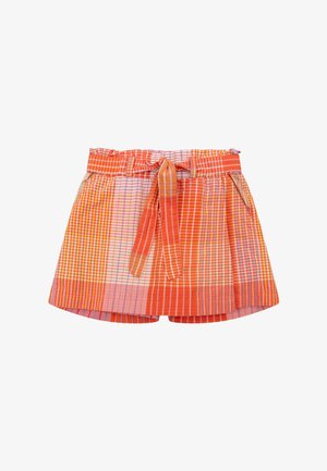 Oranje- en roze geruite rok met een paperbag taille en een bijpassende stoffen riem die vooraan is gestrikt in een strik.