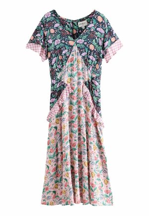 Abito midi floreale con maniche corte, che unisce motivi floreali rosa scuro e chiaro e rifiniture a quadri lavanda sulle maniche e sui pannelli in vita.