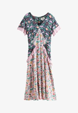 Gėlių midi suknelė su trumpomis rankovėmis, derinanti tamsiai ir šviesiai rožinius gėlių raštus bei levandų spalvos languotą apdailą ant rankovių ir juosmens panelių.