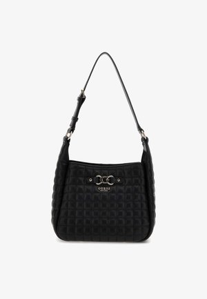 Zwarte gewatteerde neplederen schoudertas met een enkele schouderriem, zilveren accenten en een logo aan de voorkant. Accentueert met een decoratieve gesp.