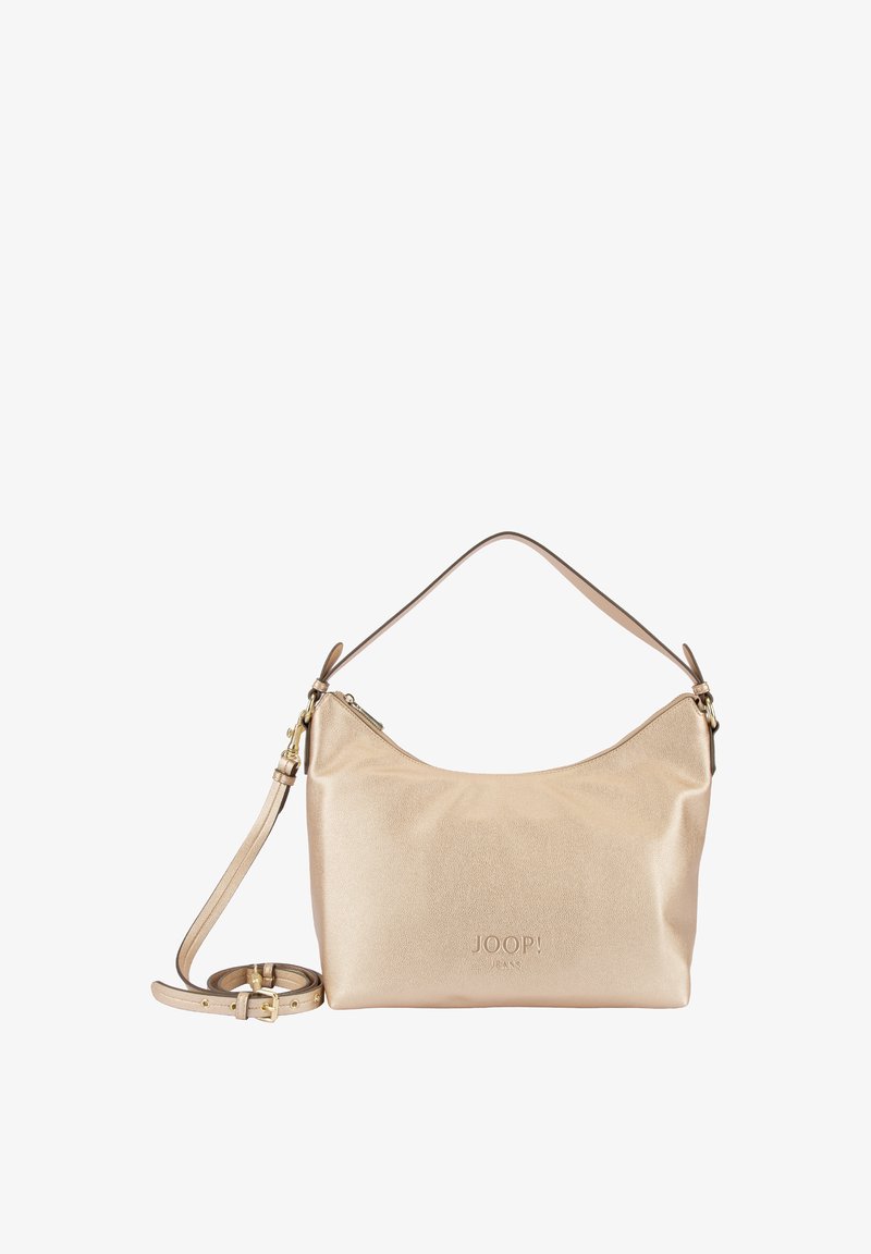 Bolso de hombro de cuero beige claro con herrajes dorados, cierre de cremallera, logotipo en relieve "JOOP! JEANS" y correa ajustable y desmontable.