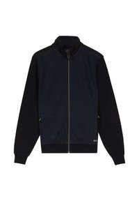 Zip-Jacke in Dunkelblau und Schwarz. Mit strukturiertem Körper, einfarbigen schwarzen Ärmeln, hohem Kragen und seitlichen Reißverschlusstaschen.