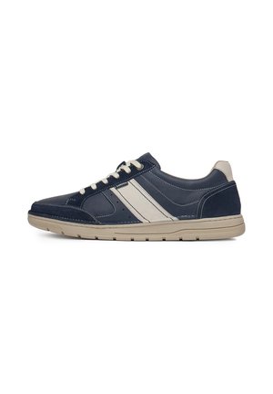 Navy leather sneaker with beige accents, rounded toe, flat rubber sole, and contrasting stripes on the side. Laced closure and stitched details.