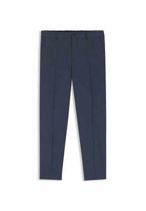 Donkerblauwe formele broek met lussen voor riem, knoopsluiting aan de voorkant, zijzakken en geplooide pijpen.