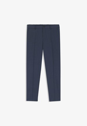 Donkerblauwe formele broek met lussen voor riem, knoopsluiting aan de voorkant, zijzakken en geplooide pijpen.