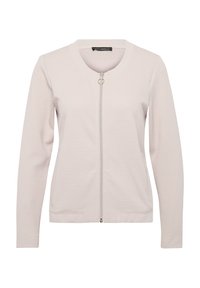 Veste zippée gris clair avec un col rond, tissu texturé, manches longues et accents en métal argenté. Comprend des poignets et un ourlet côtelés.