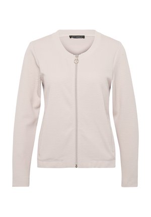 Veste zippée gris clair avec un col rond, tissu texturé, manches longues et accents en métal argenté. Comprend des poignets et un ourlet côtelés.