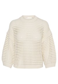 Sweter robiony na drutach w kolorze off-white, z teksturowanym wzorem w diamenty, szerokimi rękawami oraz ściągaczem na dekolcie i u dołu. Lekki i przewiewny fason.
