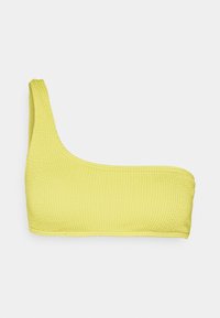 Gul én-skulder bikini topp laget av teksturert stoff med ribbet mønster, med en glatt kant og design med én stropp.