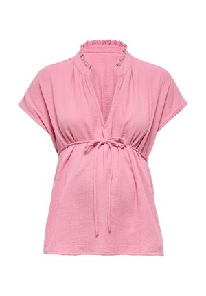 Ružová blúzka s krátkym rukávom, volánovým golierom, hlbokým výstrihom do V a nastaviteľným viazacím pásikom v páse, vyrobená z textúrovaného ľahkého materiálu.