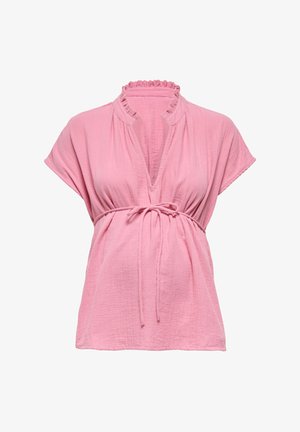 Pinkes Kurzarmbluse mit gerafftem Kragen, tiefem V-Ausschnitt und verstellbarem Taillenbindegürtel aus strukturiertem, leichtem Stoff.
