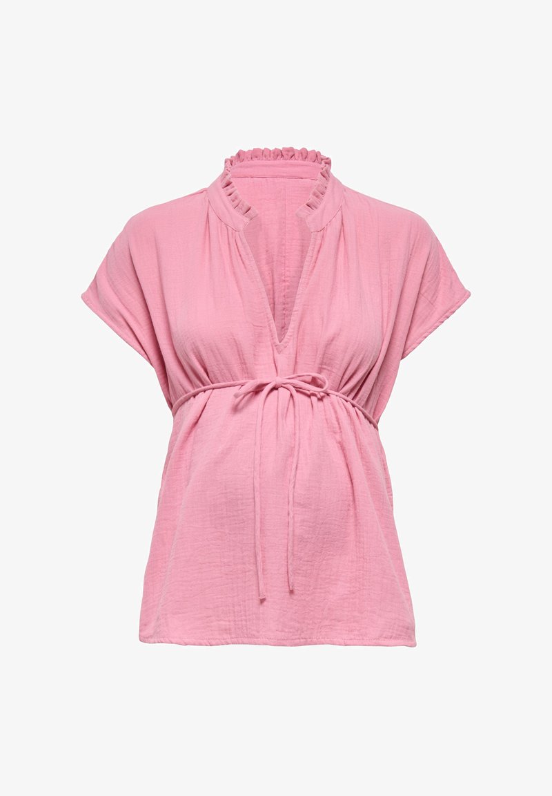 Ροζ μπλούζα κοντομάνικη με βολάν στο γιακά, βαθύ V-λαιμόκοψη και ρυθμιζόμενη ζώνη στη μέση, κατασκευασμένη από υφή και ελαφρύ ύφασμα.