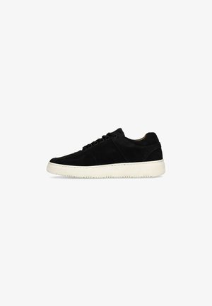 Black suede low-top sneaker with white rubber sole and black laces, shown in side profile on a white background.