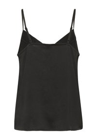Camisole noire avec des bretelles minces et ajustables, fabriquée dans un matériau léger, avec une texture lisse et un design simple et ample.