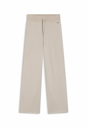 Pantalon de survêtement beige à jambes larges en tissu de coton doux. Comprend une ceinture élastique avec cordon de serrage et des poches latérales. Design simple et épuré.