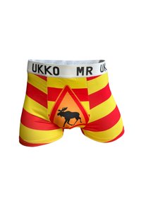 Boxer shorts a rayas rojas y amarillas con una cinturilla blanca que presenta "MR UKKO". Silueta de alce negra centrada en una forma de diamante naranja.