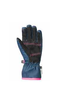 Mörkblå och svarta vattentäta handskar med rosa sömmar, elastiskt handlede och en liten klämma på sidan.