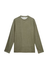 Olivegrüner Rundhalsausschnitt-Pullover mit langen Ärmeln, geripptem Textil und einem kleinen, dreieckigen Stichdetail unter dem Kragen.