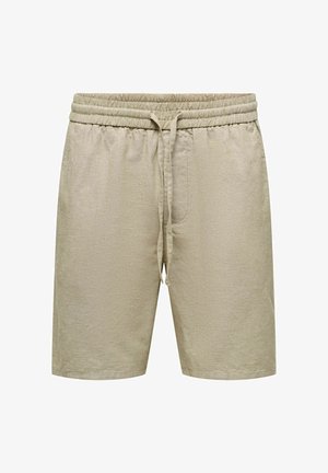Shorts décontractés beige mi-genoux avec taille élastique et cordon de serrage, fabriqués en tissu léger.