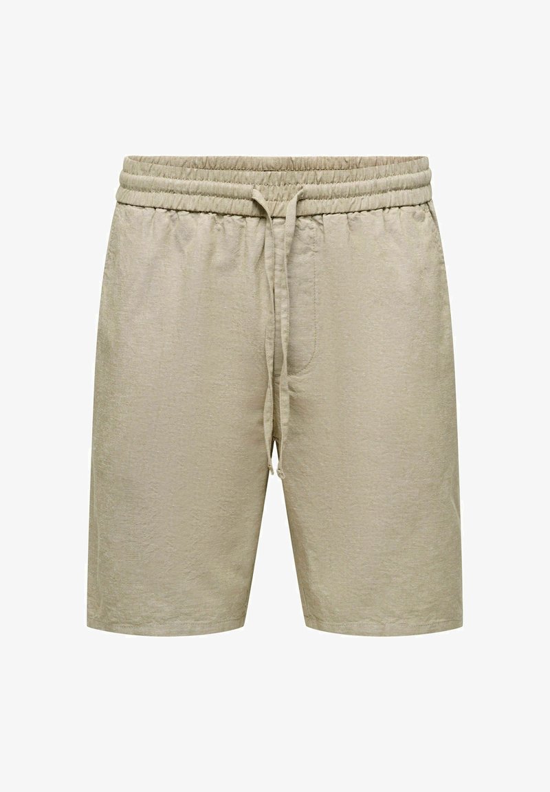 Shorts décontractés beige mi-genoux avec taille élastique et cordon de serrage, fabriqués en tissu léger.