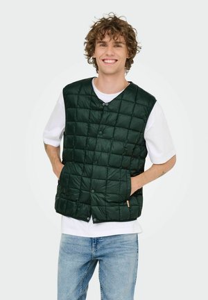 Quilted grøn vest med knaplukning, der har to sidelommer, båret over en hvid t-shirt. Enkel, polstret design.