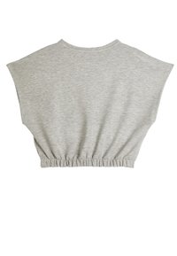 Top sportivo corto grigio realizzato in tessuto morbido, caratterizzato da un collo rotondo, maniche larghe e un orlo elastico arricciato.